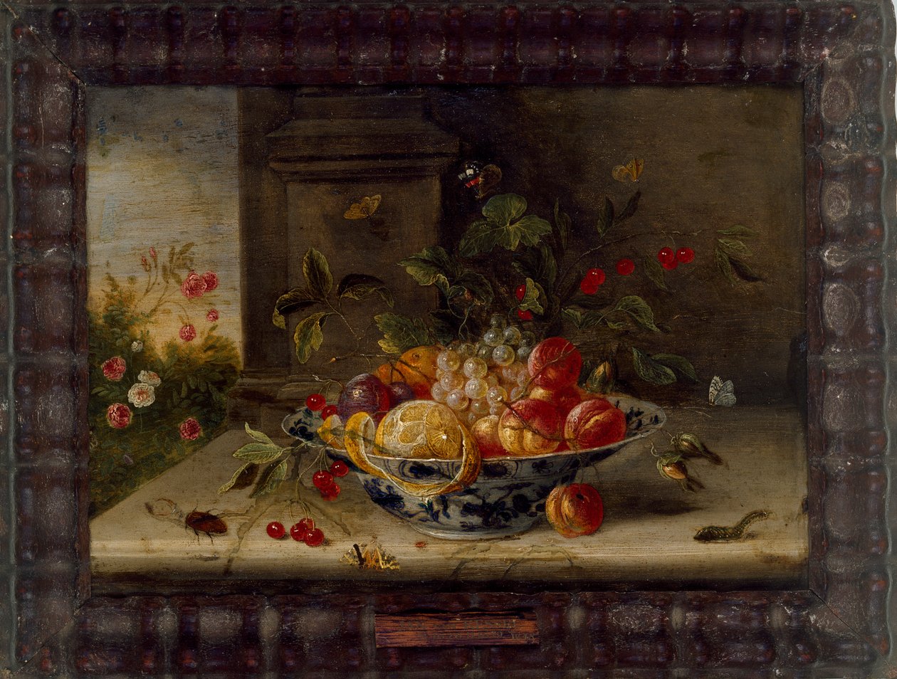 Decorative Still-Life Composition with a porcelain Bowl, Fruit and Insects by Jan van Kessel