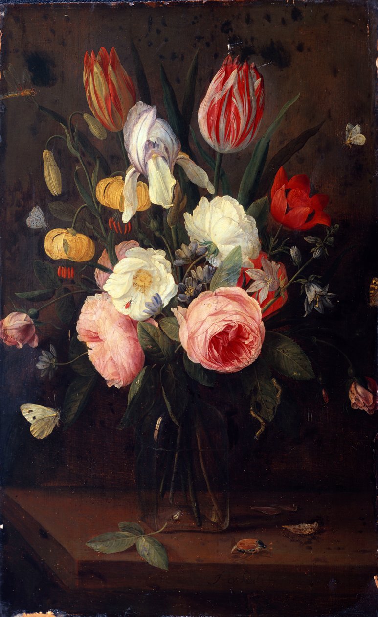 Roses, Tulips and Other Flowers in a Glass Vase, with Insects, on a Table by Jan van Kessel