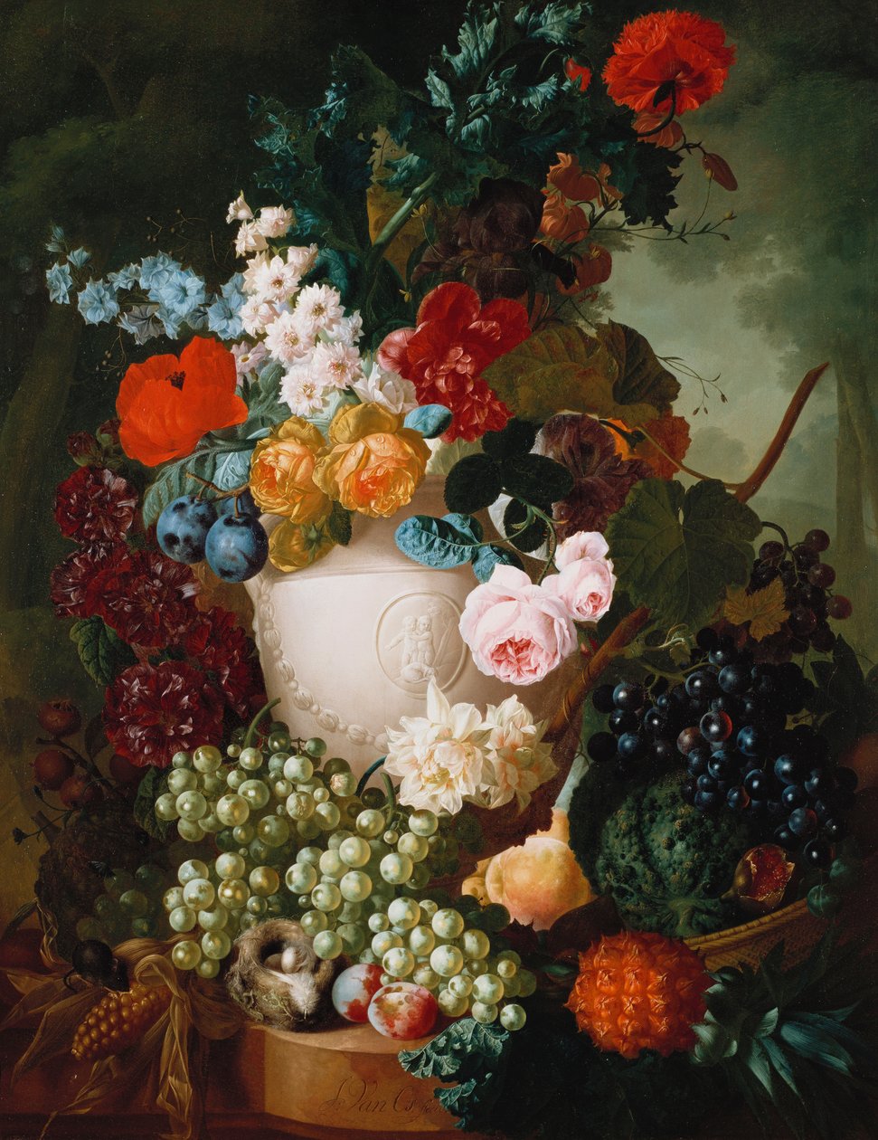 Roses, Poppies and Other Flowers in a Sculpted Vase with Fruit, a Mouse and a Bird