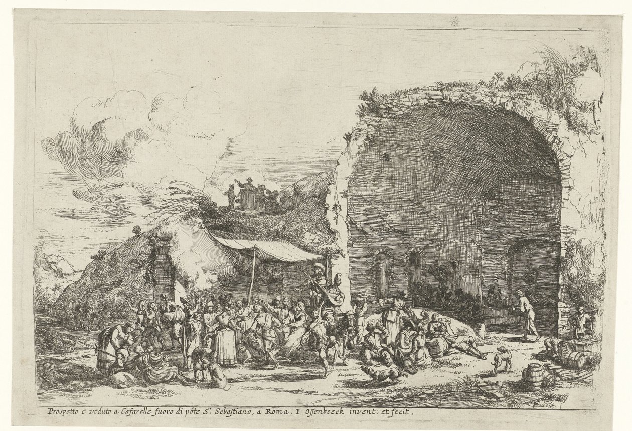 Festivities at the Ruins of the Cave of the Nymph Egeria, Prospetto e veduto a Cafarelle fuoro di porte S. Sebastiano, a Roma (title on object) by Jan van Ossenbeeck