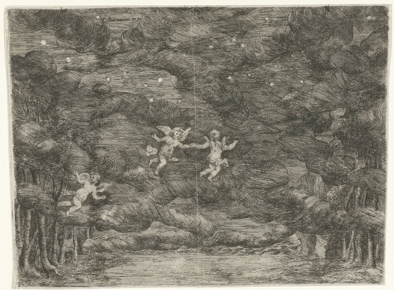 Theatrical Set with Angels in the Night Sky by Jan van Ossenbeeck