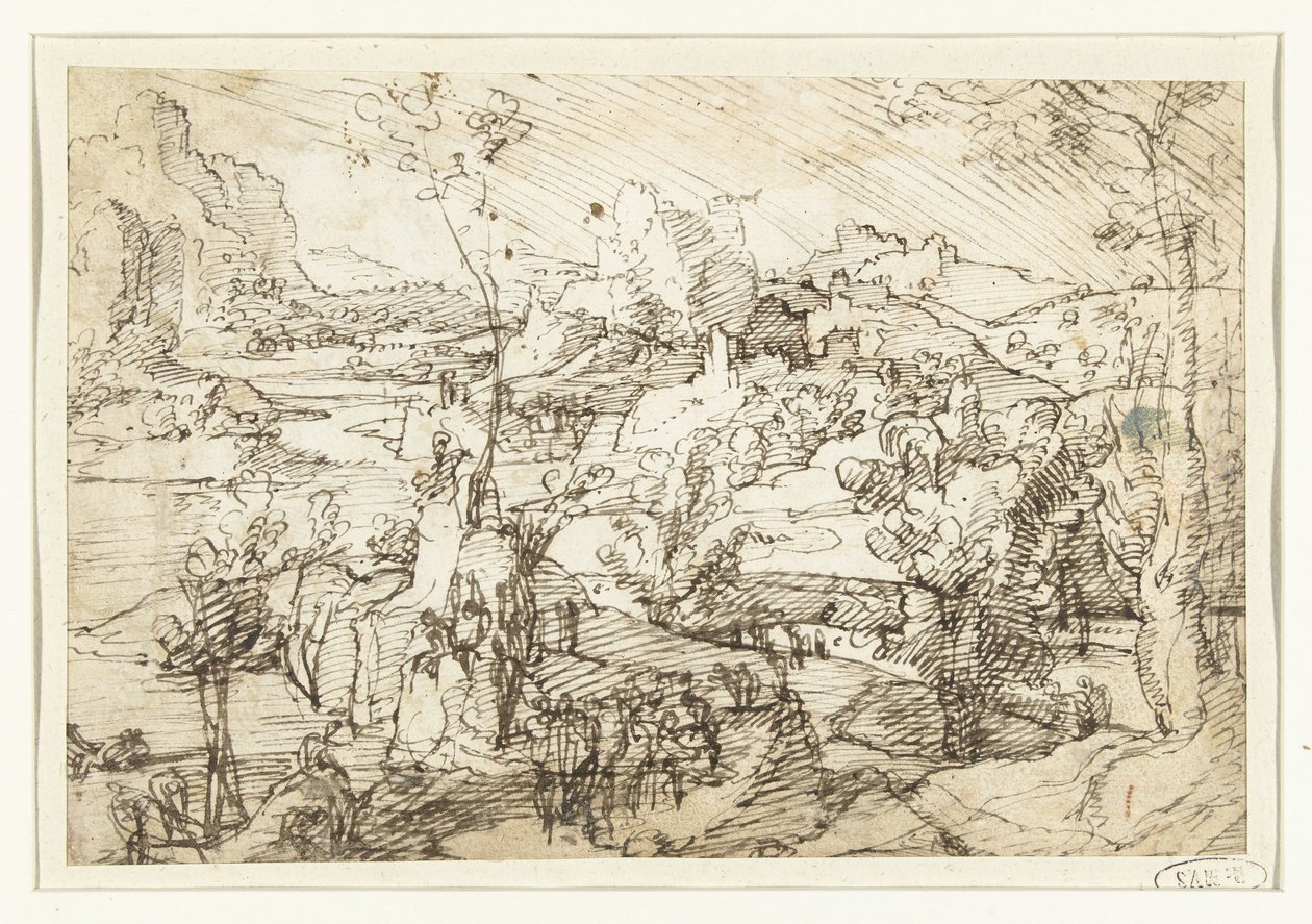 Landscape with Rocks, Figures and a Sailing Ship by Jan van Scorel (attributed to)