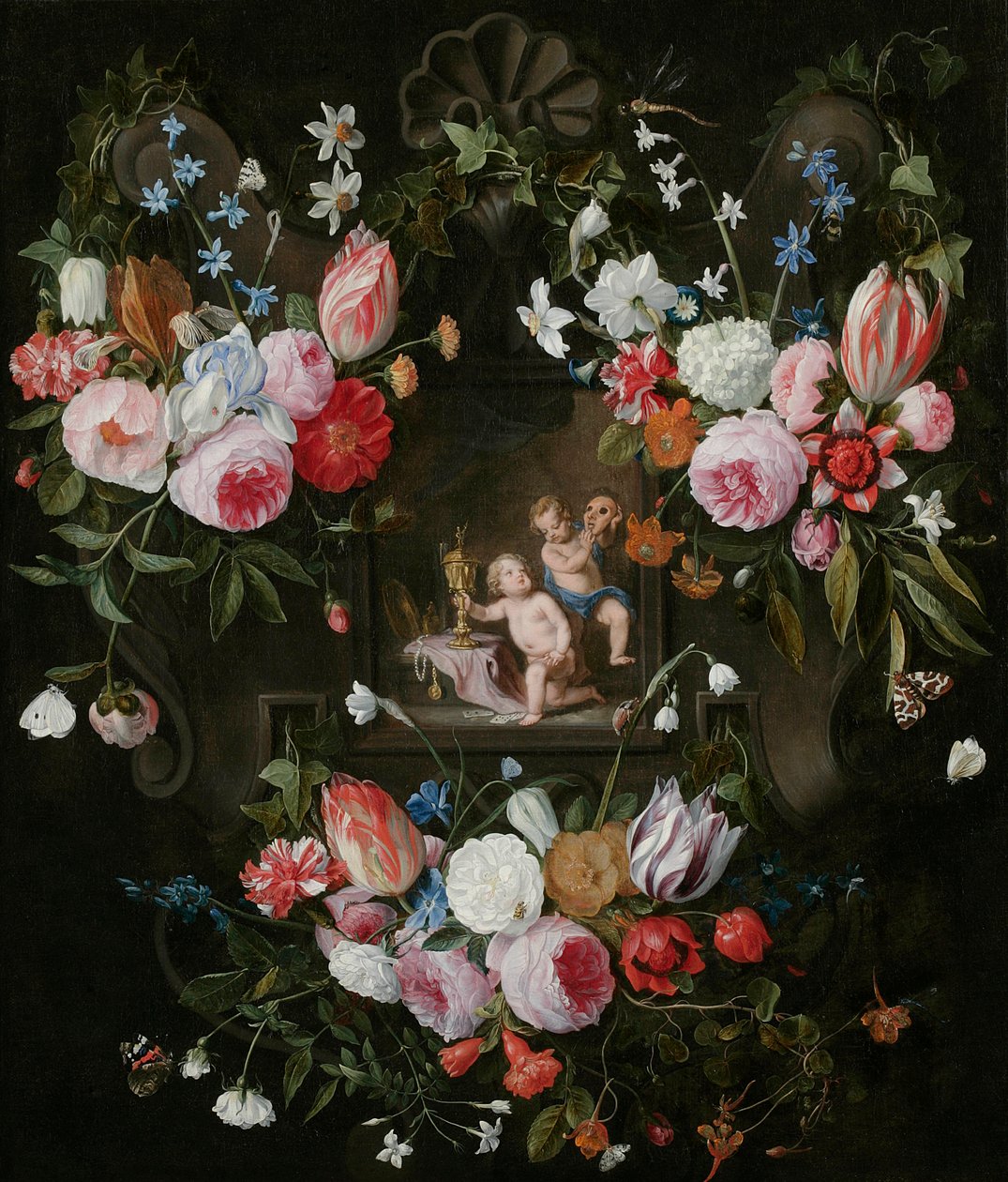 A Cartouche Still Life of Flowers Around an Allegorical Image of Putti with Costly Objects and a Mask, 1648 by Jan van and Balen, Hendrik van Kessel