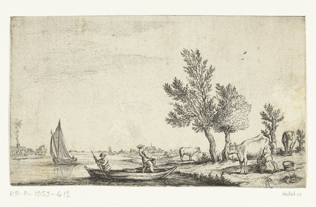 River Landscape with Two Men in a Rowboat by Jan van de Cappelle (attributed to)