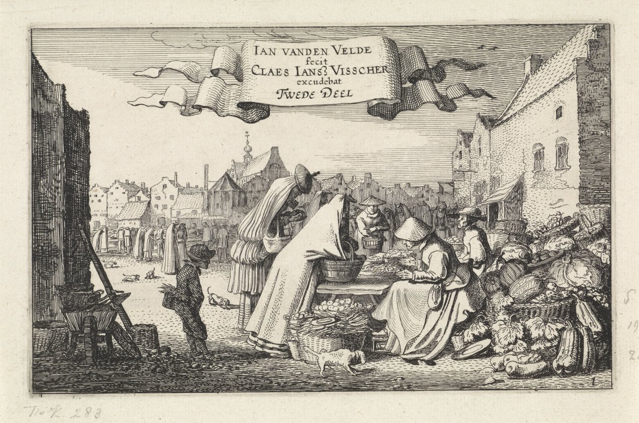 Figures at a Vegetable Stall in a Market (Landscapes) (Amenissimae Aliquot Requculae) by Jan van de Velde (II)
