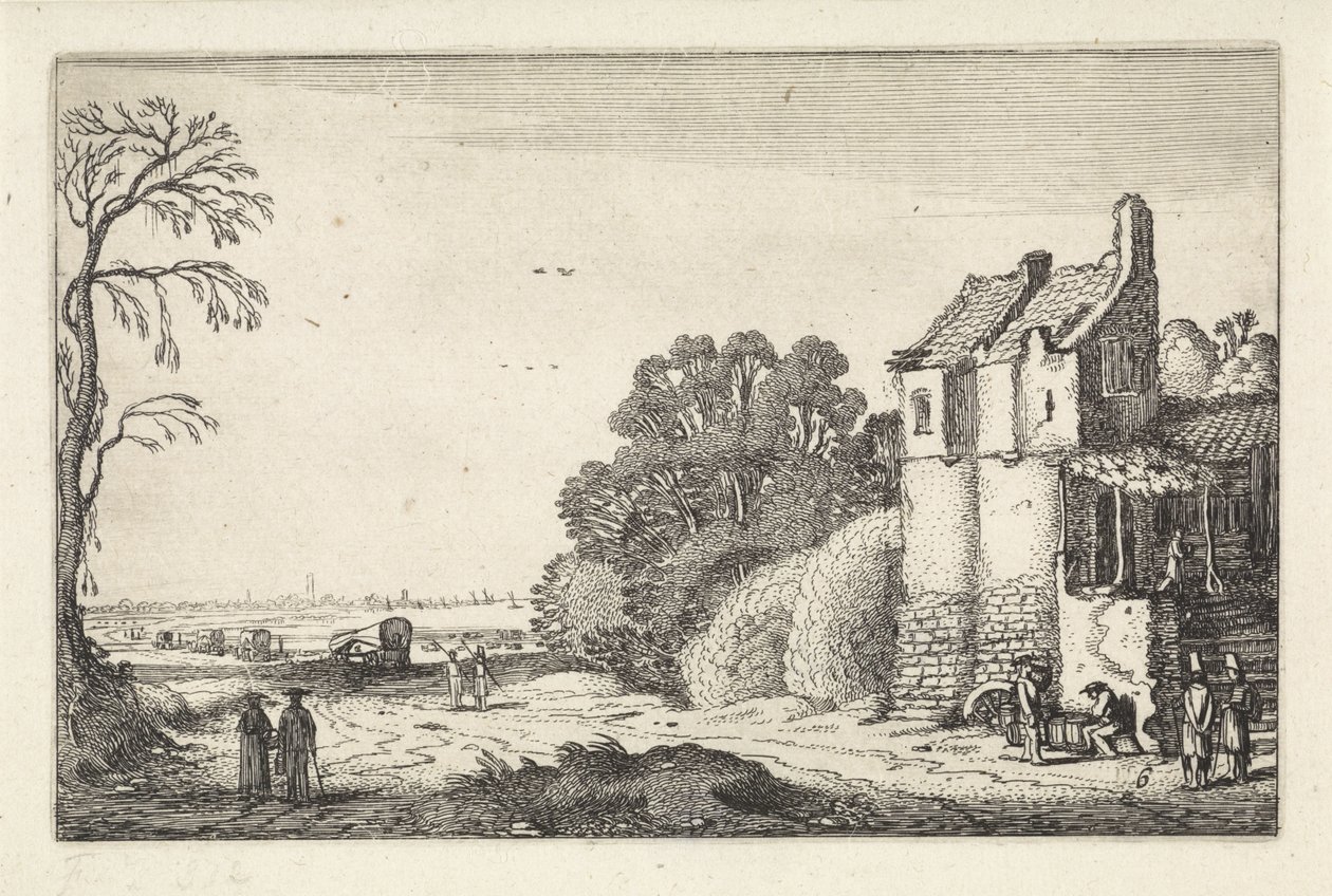 Figures by a House and Covered Wagons on a Country Road by Jan van de Velde (II)