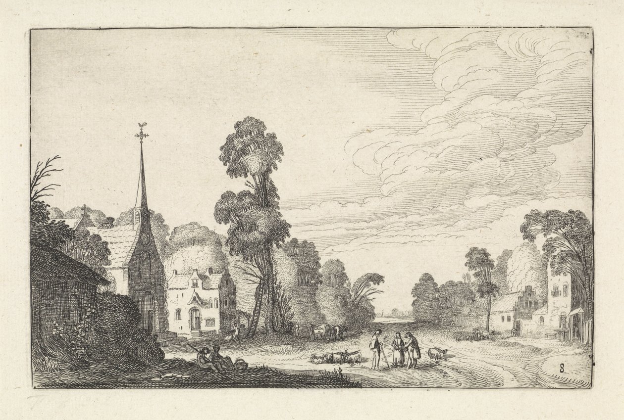 Figures and Cattle in a Village with a Church (series title: Landscapes, Amenissimae Aliquot Requculae) by Jan van de Velde (II)