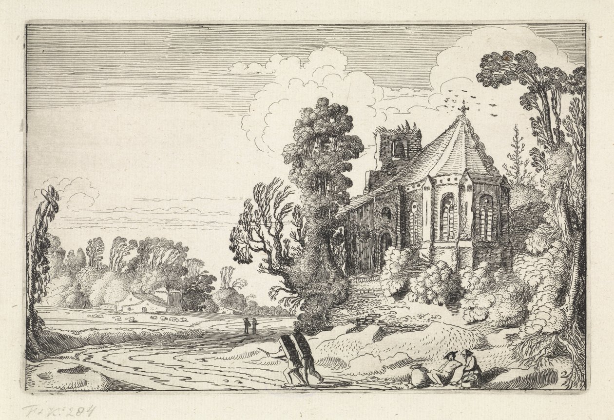 Figures on a Country Road by a Church Ruin (Landschappen, Amenissimae aliquot requculae) by Jan van de Velde (II)