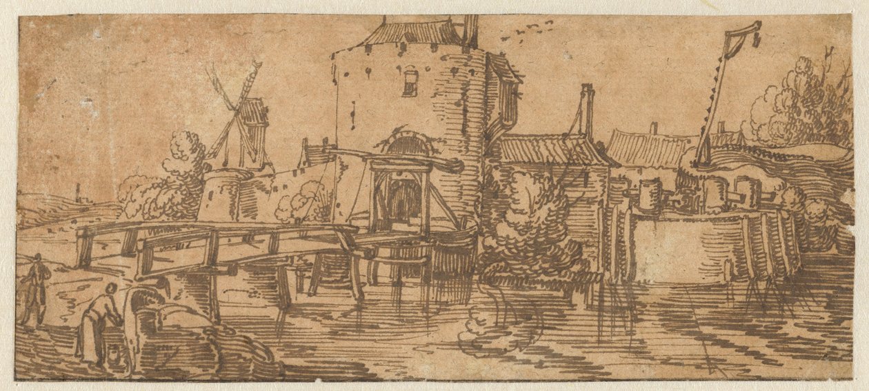 View of a City (Culemborg?) with a Bridge in Front of a Gate by Jan van de Velde (II)