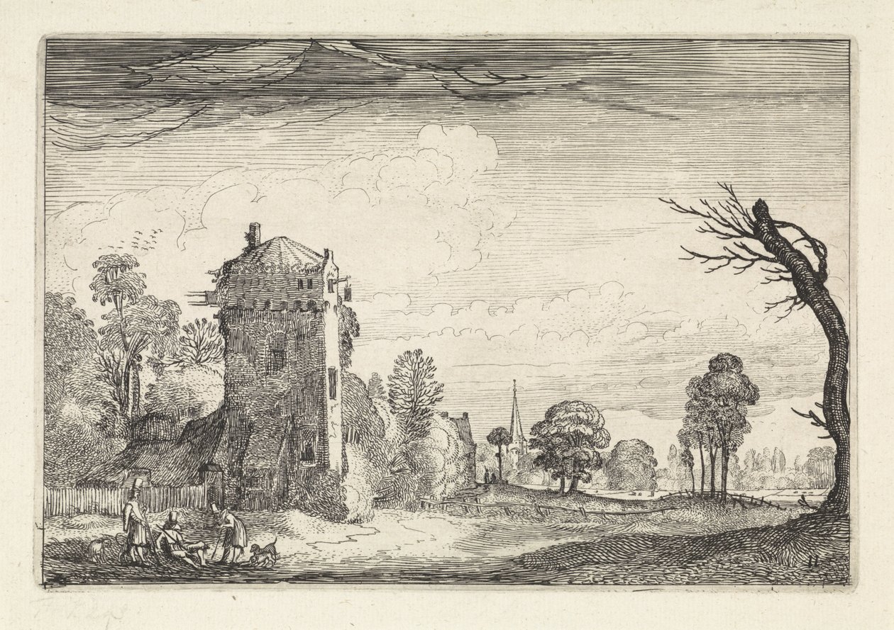 Hunters with Dogs by a Tower in a Landscape by Jan van de Velde (II)