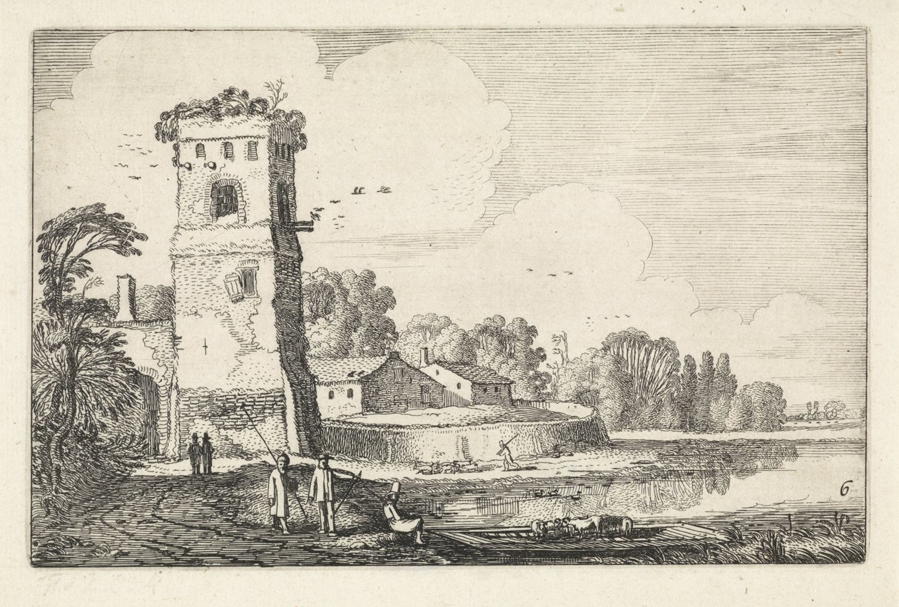 Bridge with Sheep by a Tower in a River Landscape (series title: Landscapes, Amenissimae aliquot requculae) by Jan van de Velde (II)