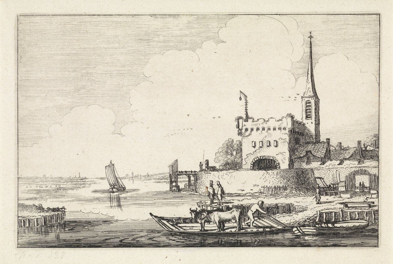 Ferry with Cattle by a Fort in a River Landscape (series title: Landscapes, Amenissimae aliquot requculae) by Jan van de Velde (II)