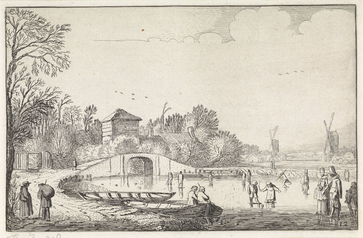 Winter Landscape with Skaters by a Bridge (series title: Landscapes, Amenissimae aliquot requculae) by Jan van de Velde (II)