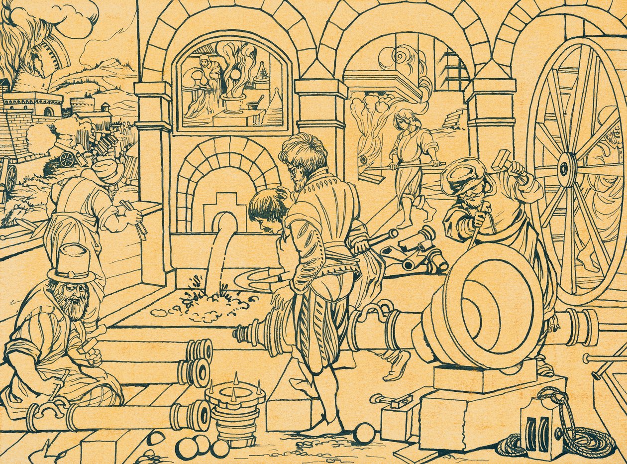 Cannon foundry (drawing) by Jan van der (1523 1605) Straet