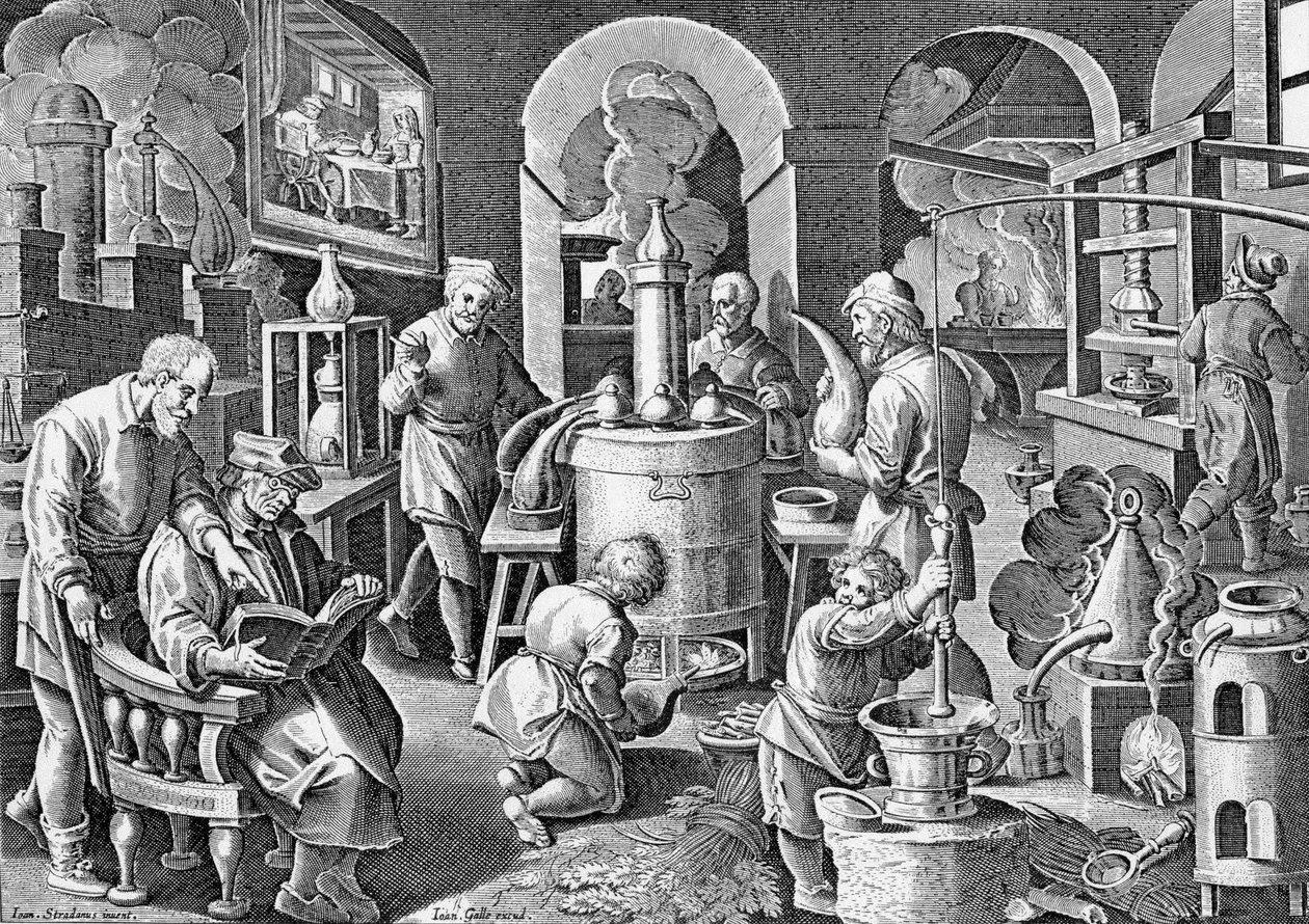 Distillation: 16th century engraving by Jan van der Straet on the different stages of distillation. by Jan van der Straet