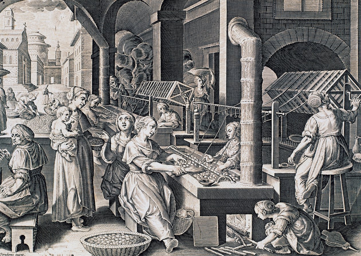 Vermis sericus, women spinning silk and heating silkworms on fire, engraving by Stradanus, Italy by Jan van der Straet
