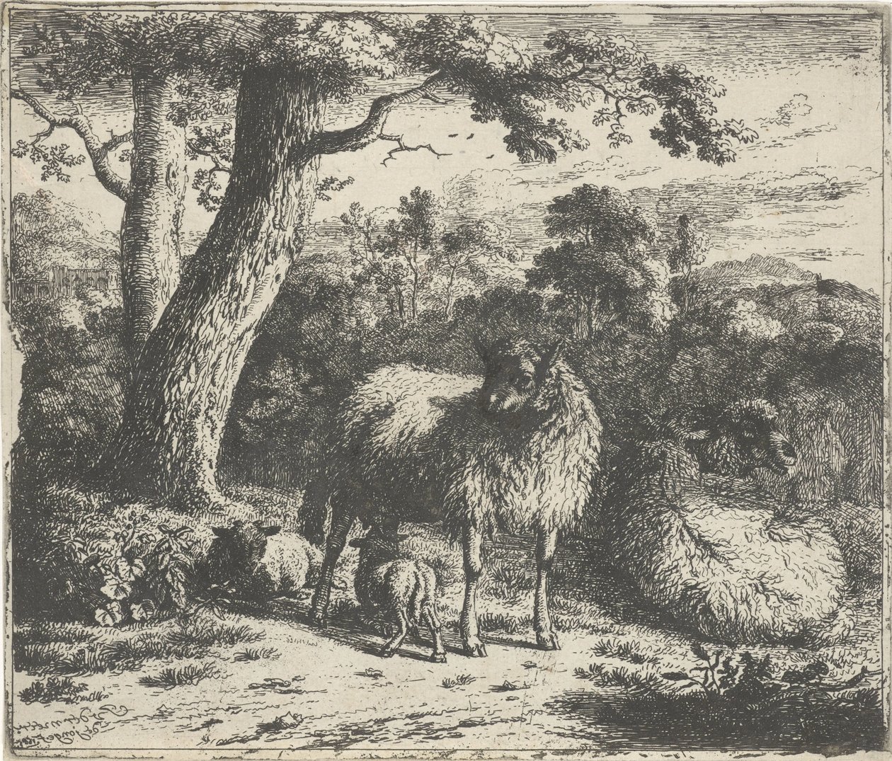 Standing sheep with two lambs by Jan van der Meer (II)