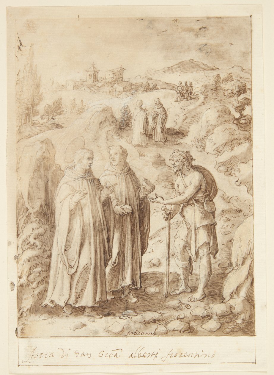 The Story of St. Giovanni Alberti Fiorentino. The Saint and the Accompanying Monk Give a Beggar Their Last Bread by Jan van der Straet