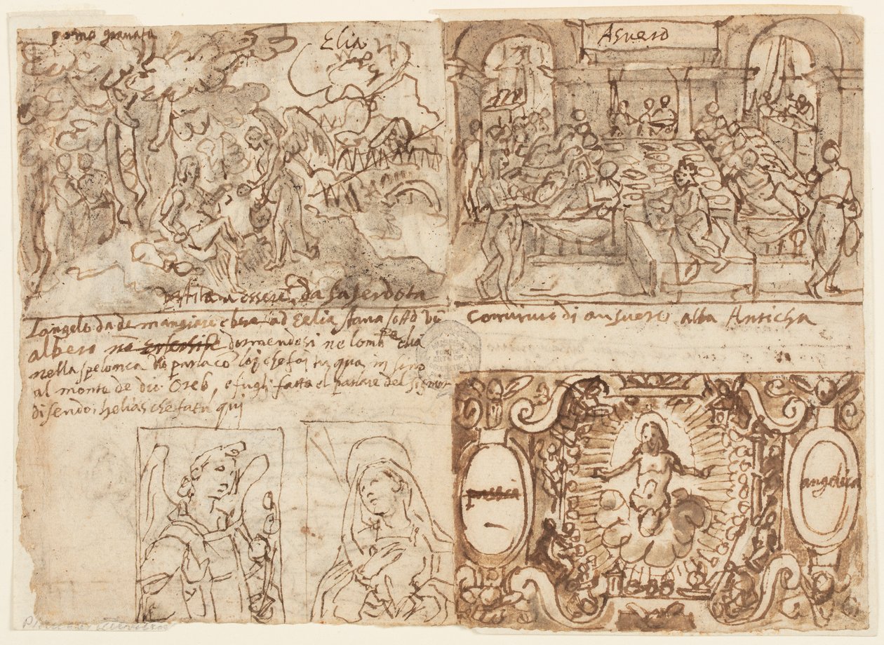 Wooded Landscape with Elijah Awakened and Nourished by an Angel on Mount Horeb; The Banquet of King Ahasuerus; Christ Surrounded by Angels with the Arma Christi; Annunciation by Jan van der Straet, called Stradanus
