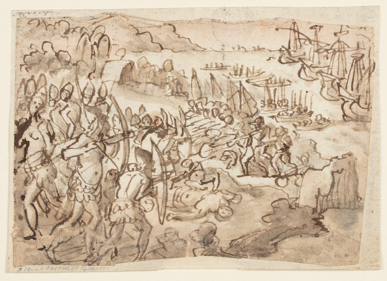 Conquest of the Philippine Islands, preliminary design for grisaille painting realized by Stradanus