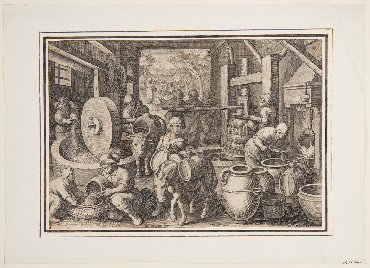 Oleum Olivarum (The Production of Olive Oil), Plate 12 in the Nova Reperta (New Inventions of Modern Times) by Jan van der Straet, called Stradanus