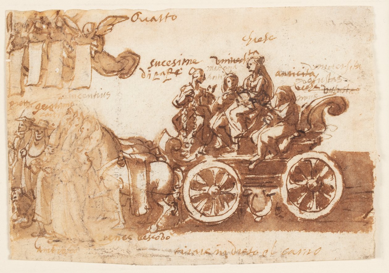 Page of a Sketchbook; Chariot and Three Horses by Jan van der Straet, called Stradanus