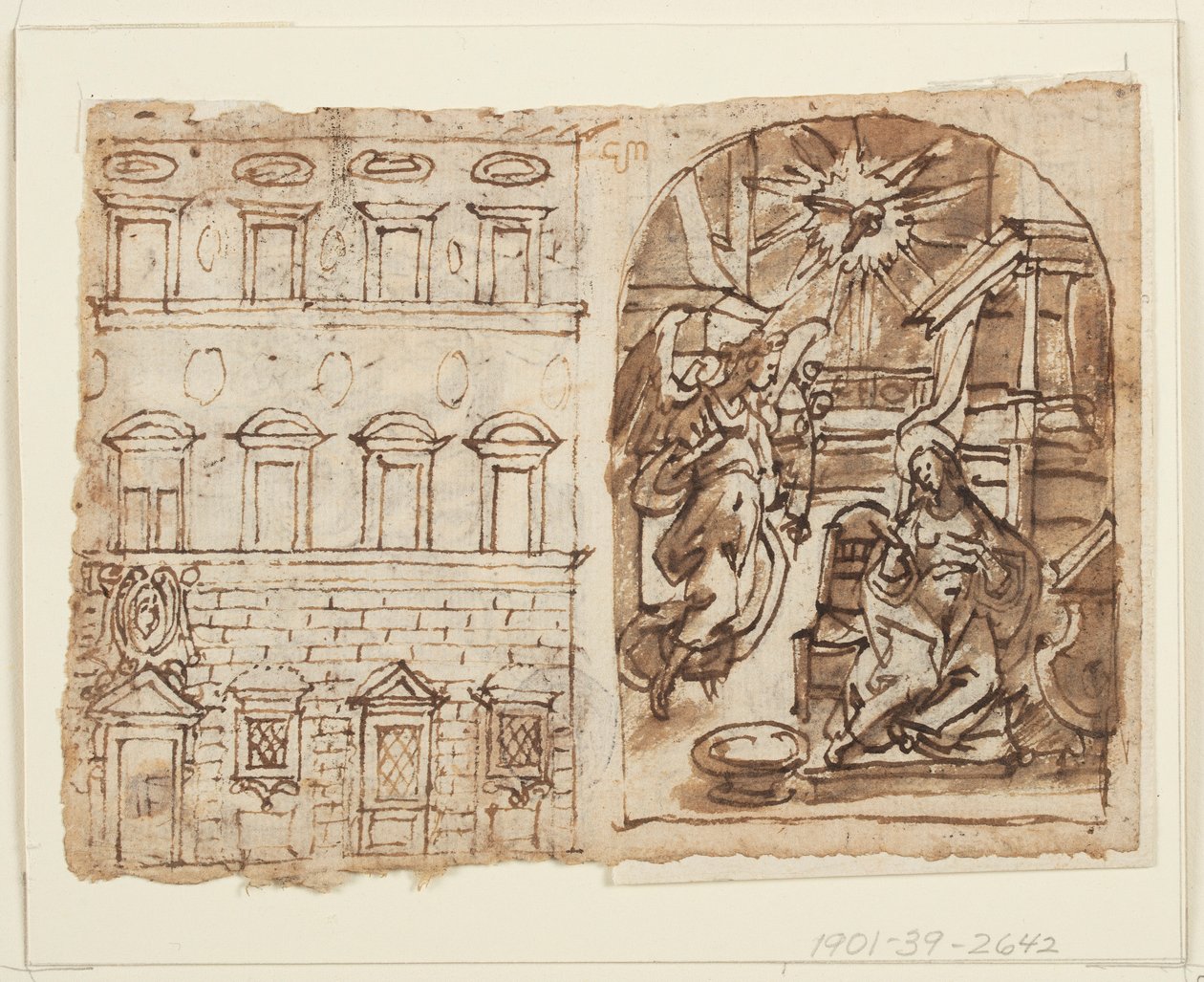 Page of a Sketchbook; Elevation of Palace, Annunciation, Last Supper by Jan van der Straet, called Stradanus