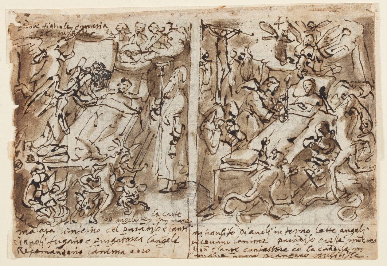 Page of a Sketchbook; Heavenly Powers Helping Pious; Sketch for Portrait of Saint; Decoration of Pediment by Jan van der Straet, called Stradanus