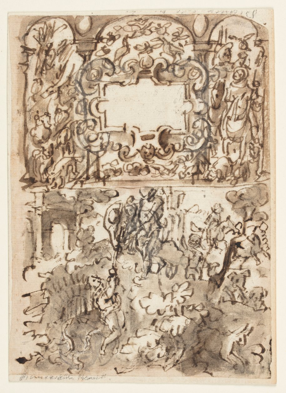 Page of a Sketchbook; Title Page for Engraving Series on Hunting; Accident of a Hunter by Jan van der Straet, called Stradanus