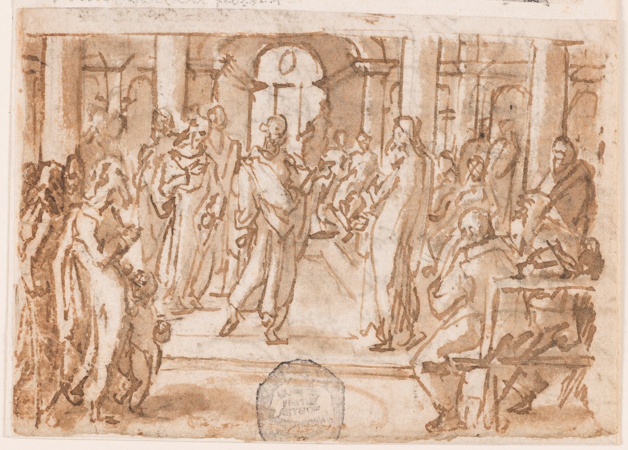 Peter and John Questioned by the High Council, preliminary design for "Spiritus Scientiae" (The Spirit of Science), plate 5 in the "Seven Gifts of the Holy Spirit" print series by Jan van der Straet, called Stradanus