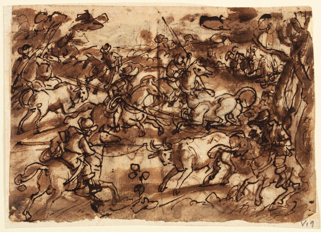 Recto: Bull Hunt with Lassos; Verso, Above: Bear Hunt by Men in Armor; Verso, Below: Hunting Monkeys by Deception; All Preliminary Designs for the Venationes Series by Jan van der Straet, called Stradanus