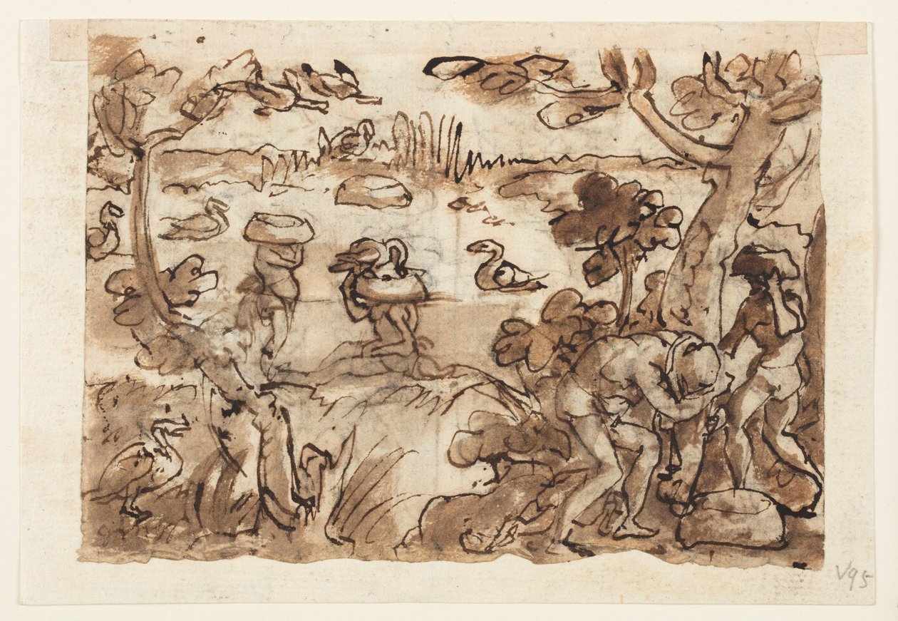 Recto: Hunting Ducks using Pumpkins in the West Indies; Verso, above: Crocodile Hunt in the Nile; Verso, below: Hunting Tigers using Traps and Mirrors by Jan van der Straet, called Stradanus