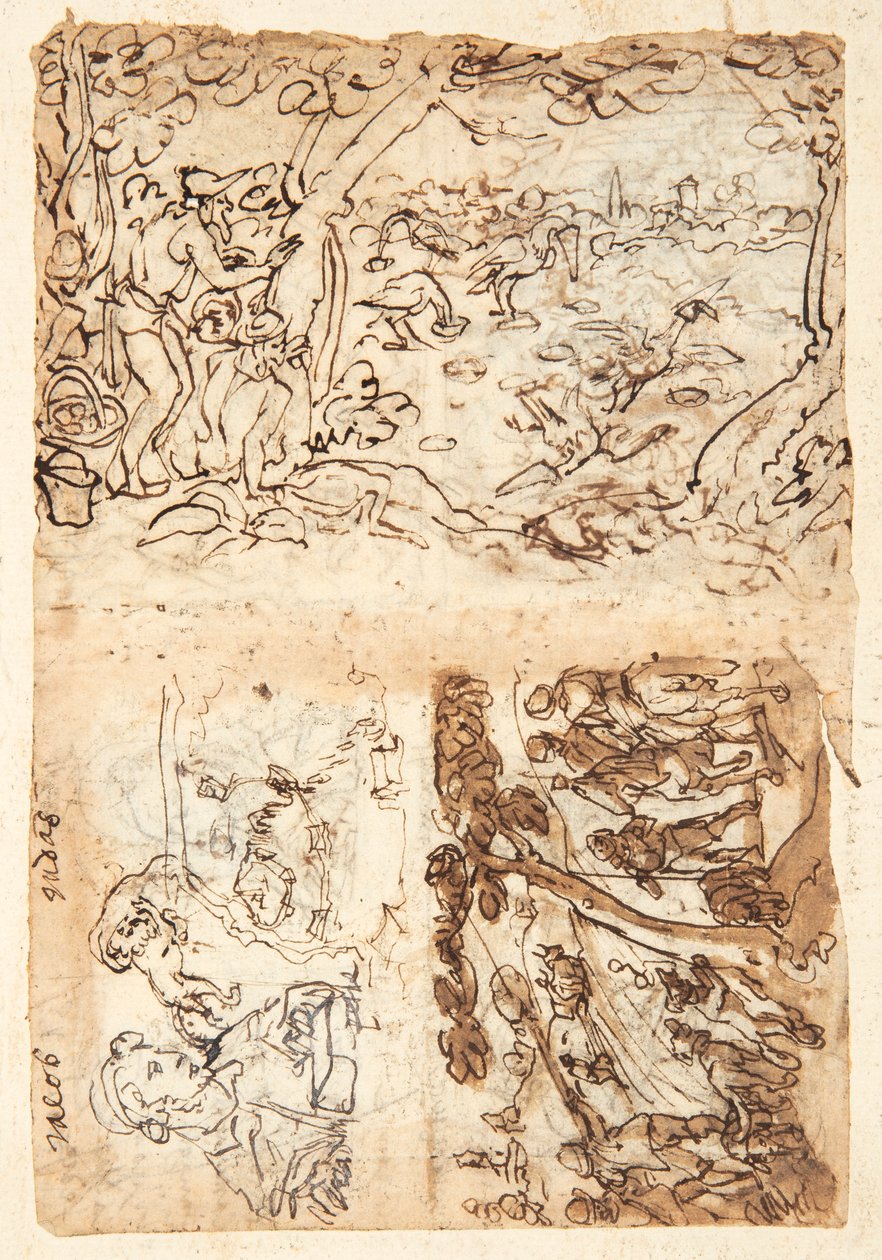 Recto, above: Crane Hunt Using Cones; Below, left: Jacob, Half Figure; Lion with a Blindfold Over His Head; Map of a Fortifications; Below right: Fox Hunt. Verso, above left: Starling Hunt; below left: Lion Hunt with Torches and Nets; right: Half Figures by Jan van der Straet, called Stradanus
