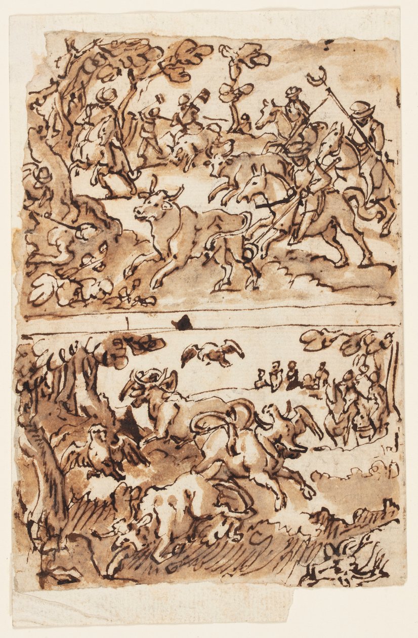 Sketchbook Page with Bull Hunts by Jan van der Straet, called Stradanus