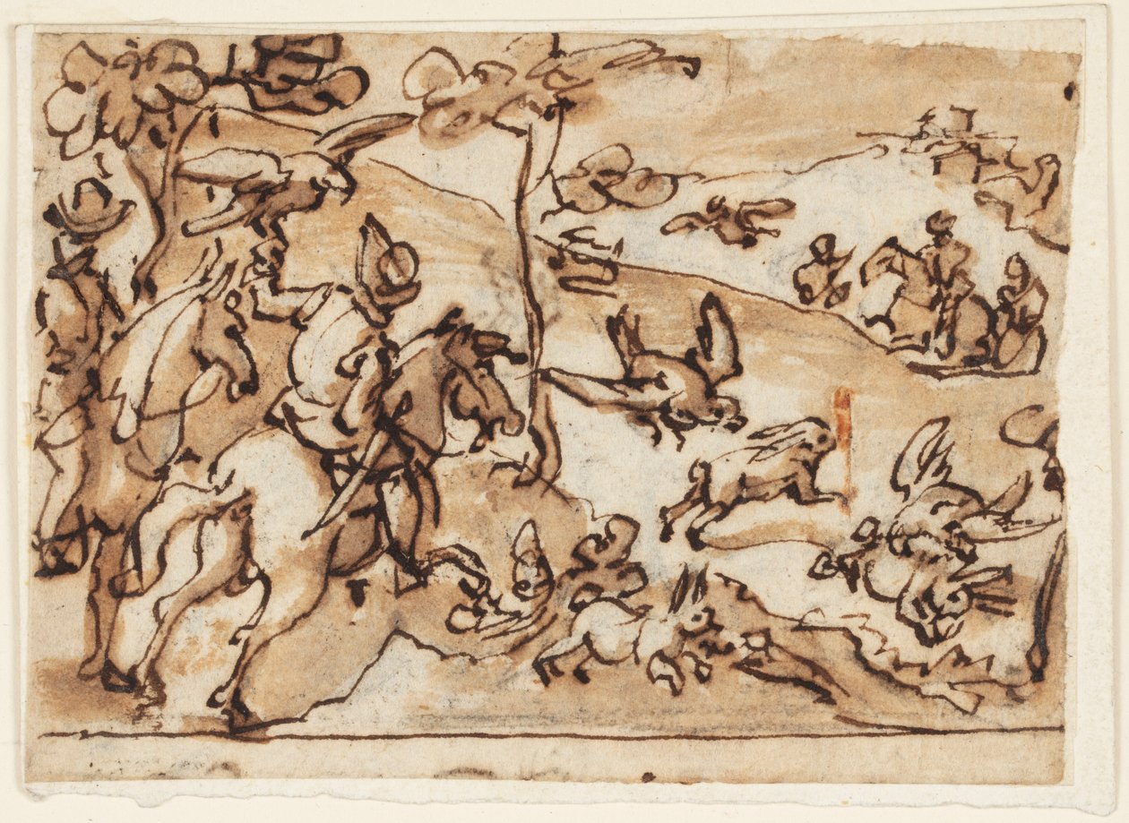 Sketchbook Page with Hare Hunt and Falcons by Jan van der Straet, called Stradanus