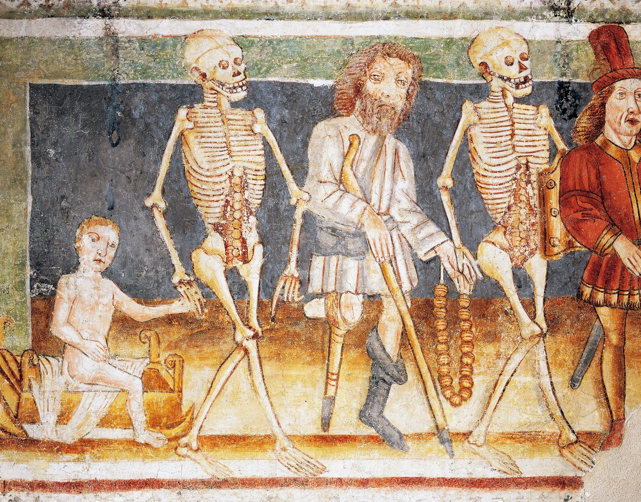 Hrastovlje fortified church, Trinity Church, Death accompanying child and poor, Dance of Death (1490) (detail) by Janez Kastav