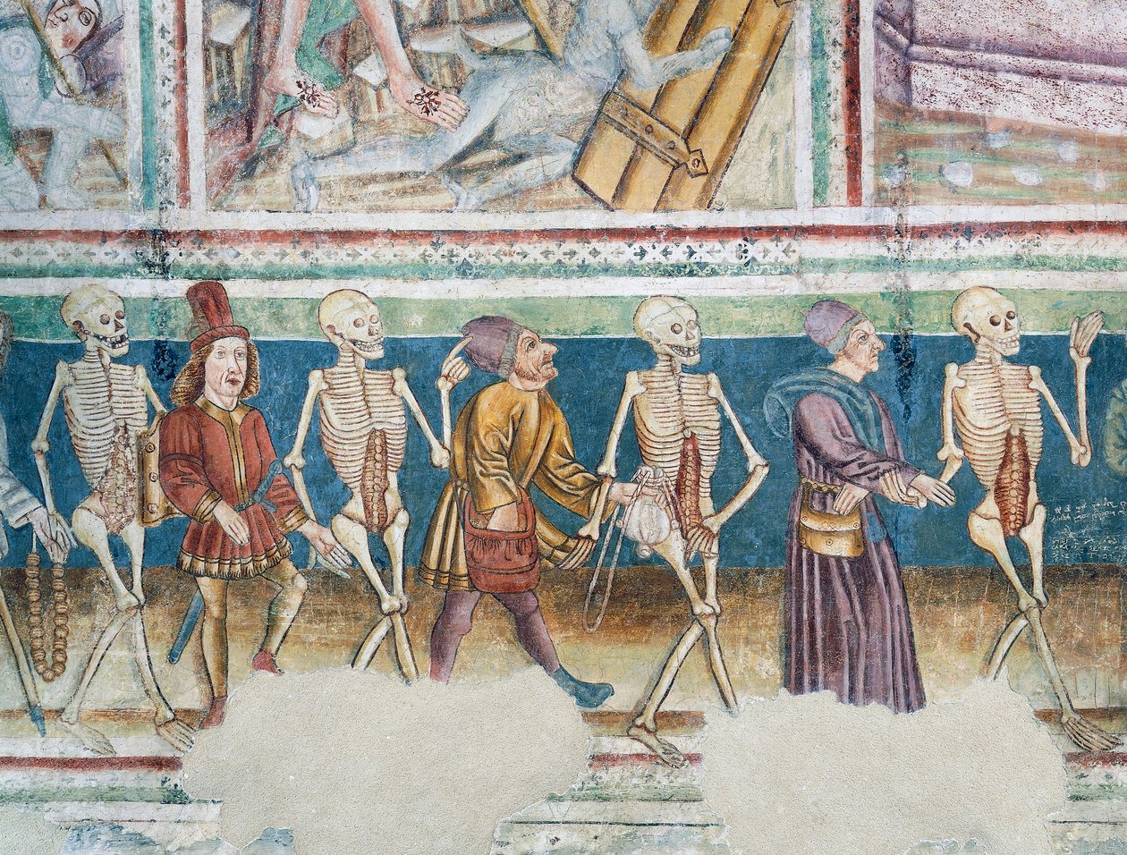 Hrastovlje Fortified Church, Trinity Church, Death Accompanying Merchant and Wealthy Banker, Dance of Death (detail) by Janez Kastav