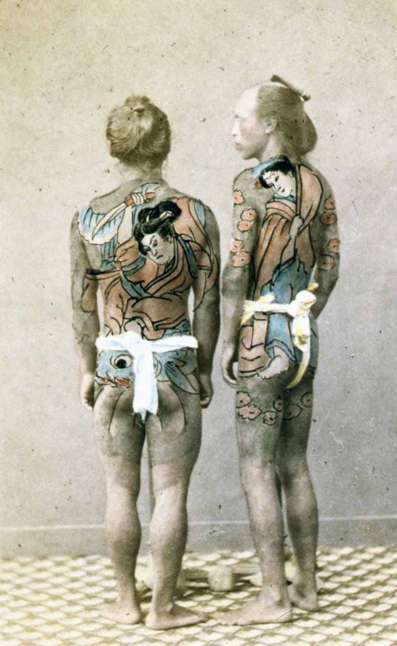 Two men with traditional Japanese Irezumi tattoos, c.1880 by Japanese Photographer