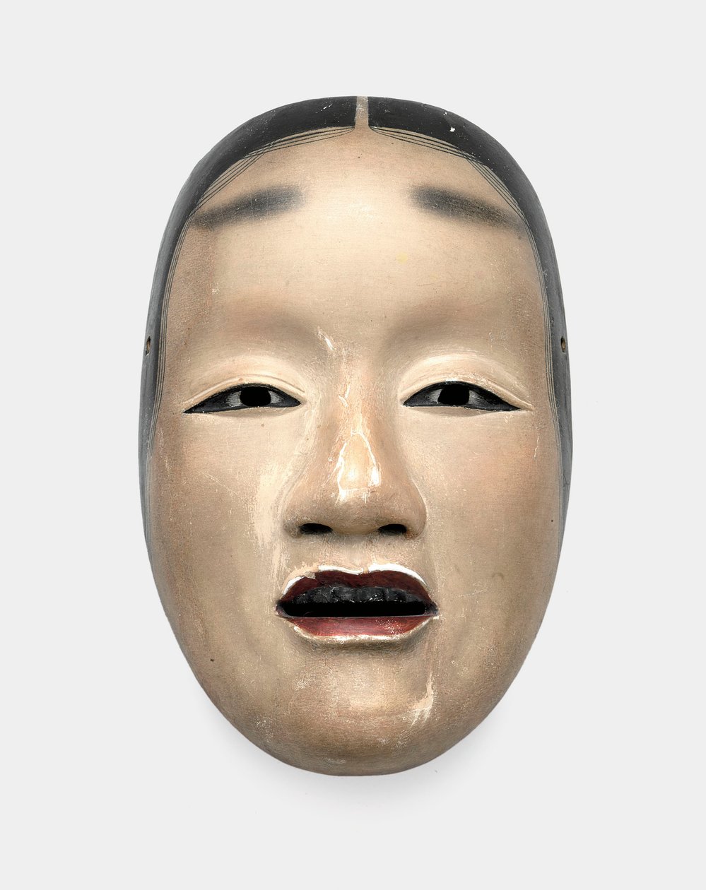 A wood mask with gofun ground, painted with sumi for the hair, eyes and teeth and red for the lips by Japanese School