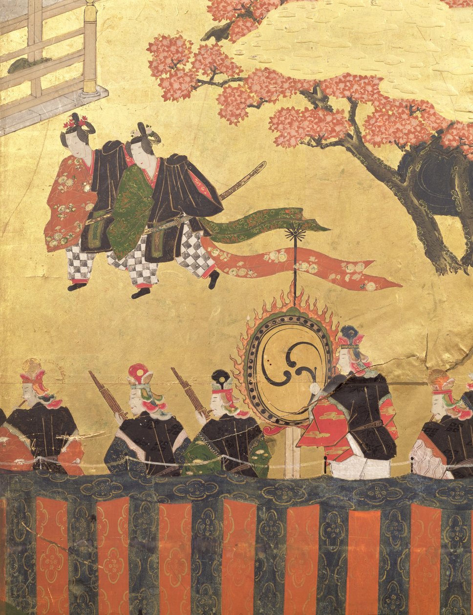 Detail from a Four Leaf Screen Depicting Two Courtiers Wearing Kazaritachi and Soldiers, Tosa School, Edo Period by Japanese School