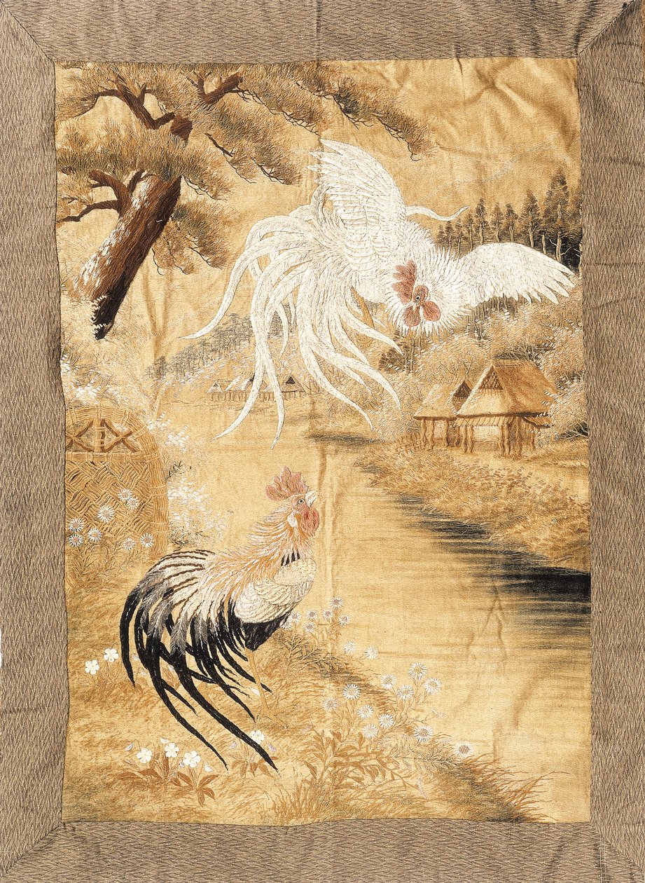 Embroidered Hanging, Worked in Silks with a Pair of Cockerels with Trailing Plumage, One in Flight, the Other Perched on a Riverbank Amongst Daisies, Late 19th Century by Japanese School