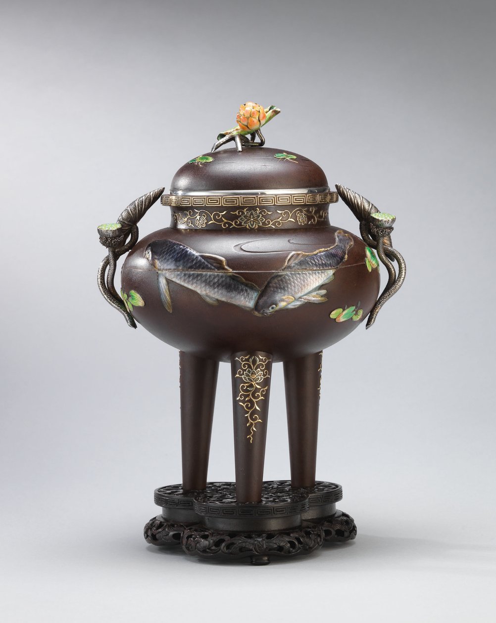 Enamel and soft-metal-inlaid iron incense burner, sealed Koichi Shin (Takasaki Koichi), Meiji Period by Japanese School