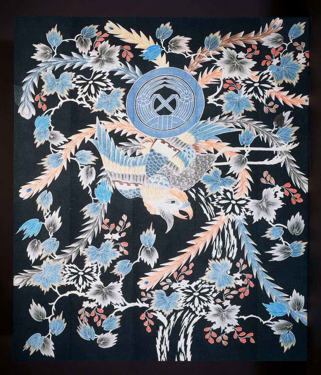 Futonji Bedspread with Motifs of Phoenix, Paulownia and Daffodils, Cotton, Dye with Indigo, Pigment and Ink by Japanese School