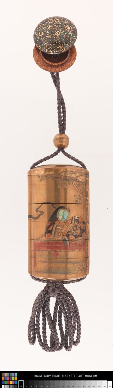 Inro decorated with a court lady, ojime, and netsuke by Japanese School