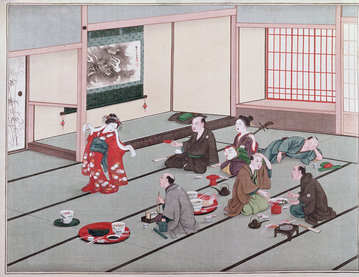 Japanese eating, drinking and being entertained in teahouse by Japanese School