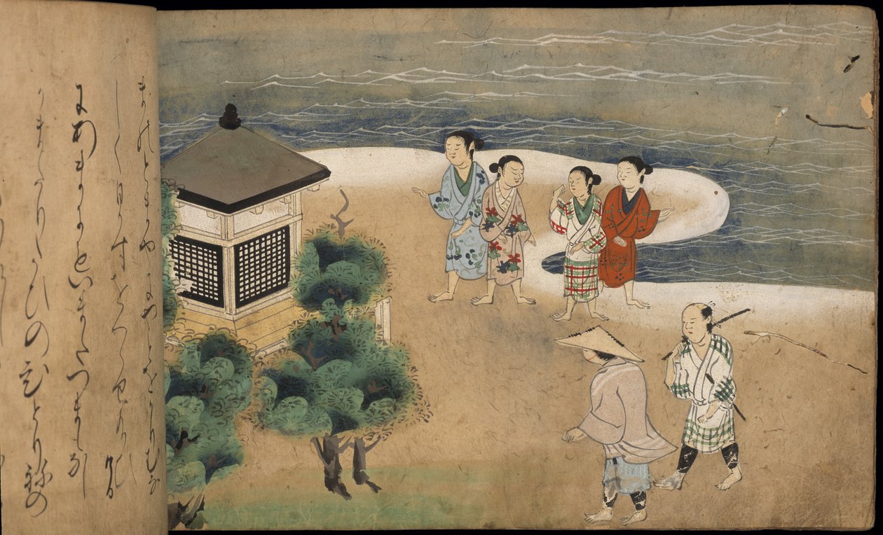 Japanese men by a pagoda, illustration from the 