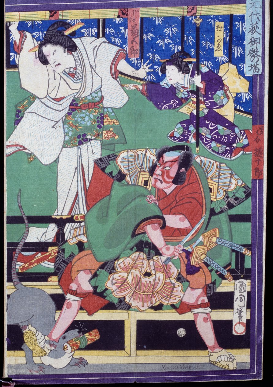 Lovers decide to commit suicide, Kabuki theatre scene by Japanese School