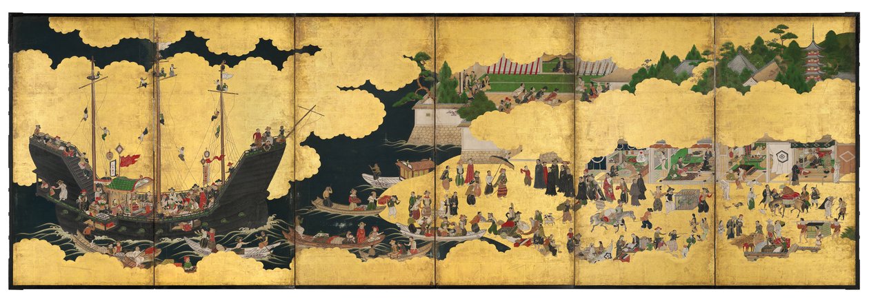 Nanban Six-Fold Screen Depicting the Arrival of a Portuguese Ship for Trade, Edo Period by Japanese School