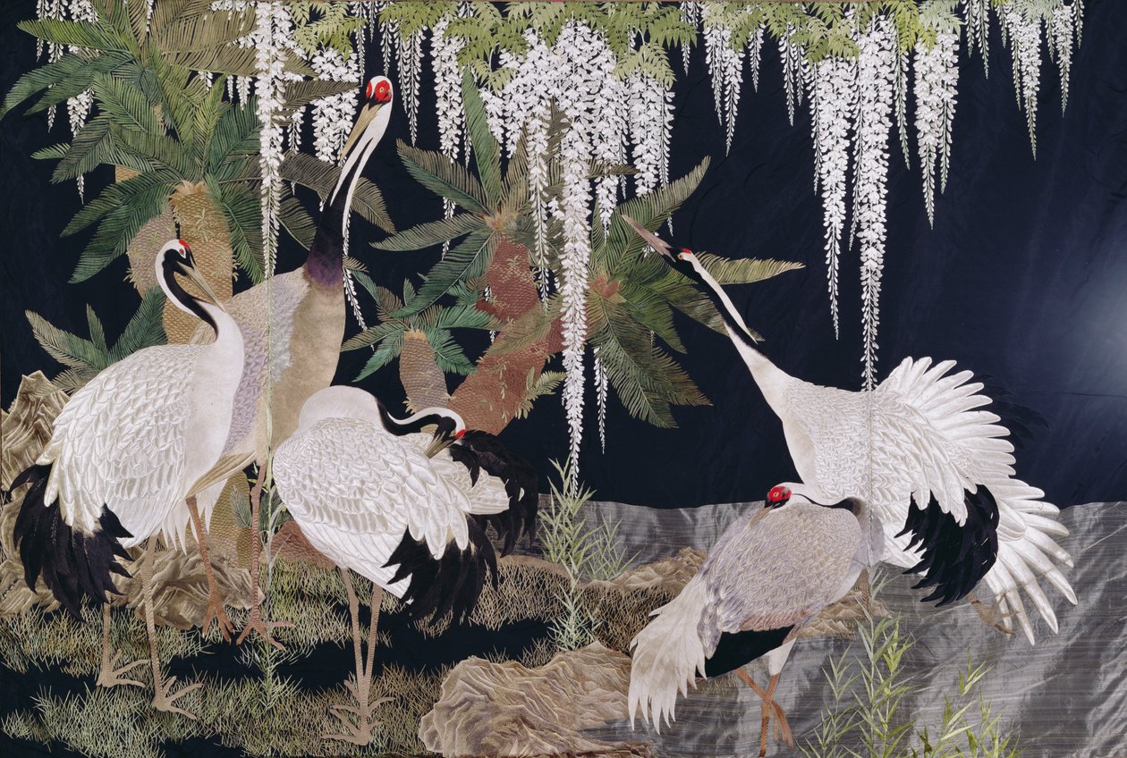 Needlework hanging with cranes, cycads and wisteria by Japanese School