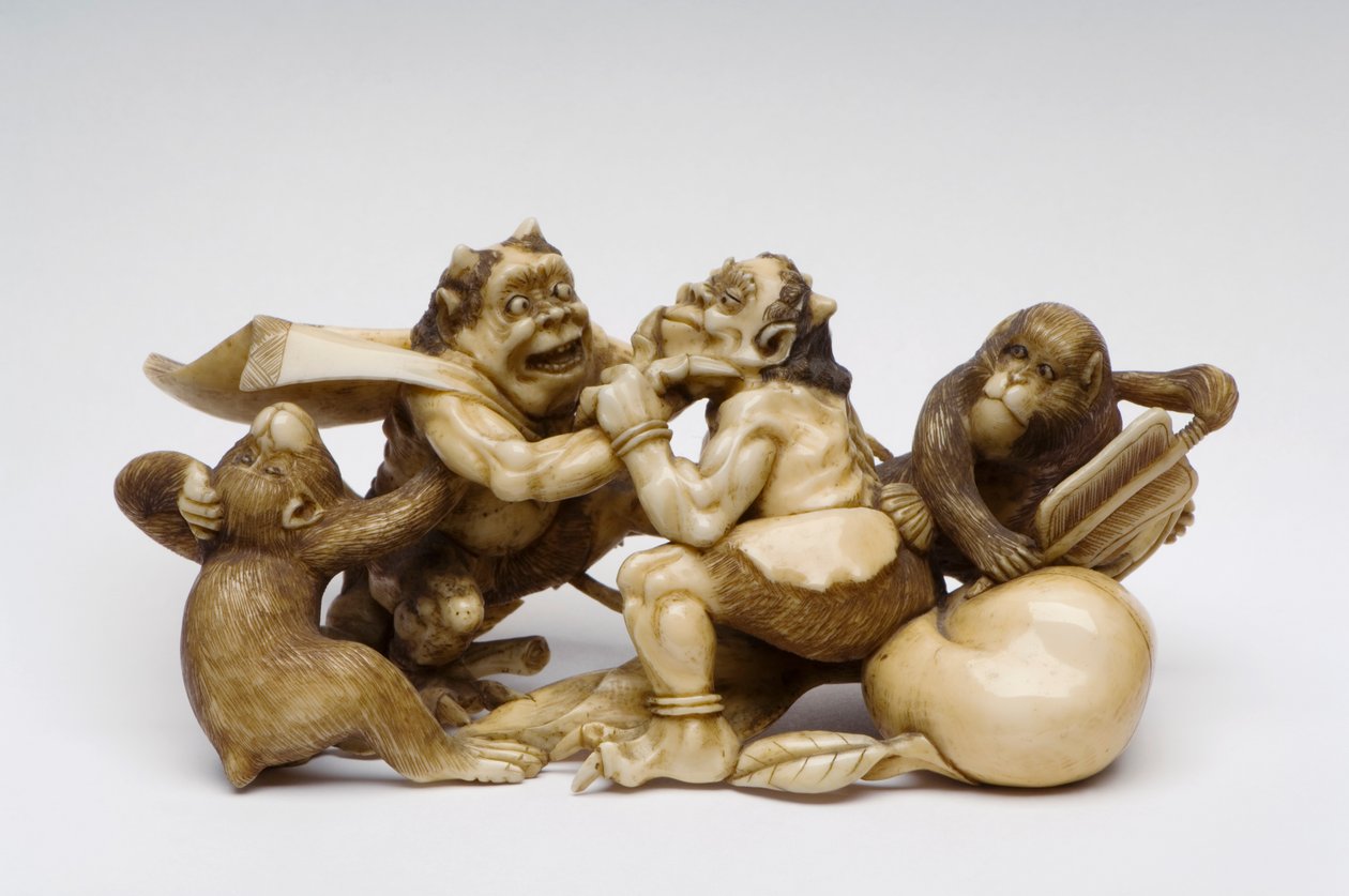 Okimono of two demons fighting, watched by two monkeys by Japanese School